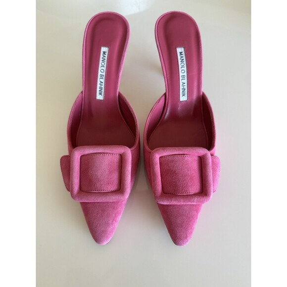 Manolo Blahnik Maysale Pink Suede Mule Kitten Heels Pumps Size EU 37 US 7 - Picture 1 of 9